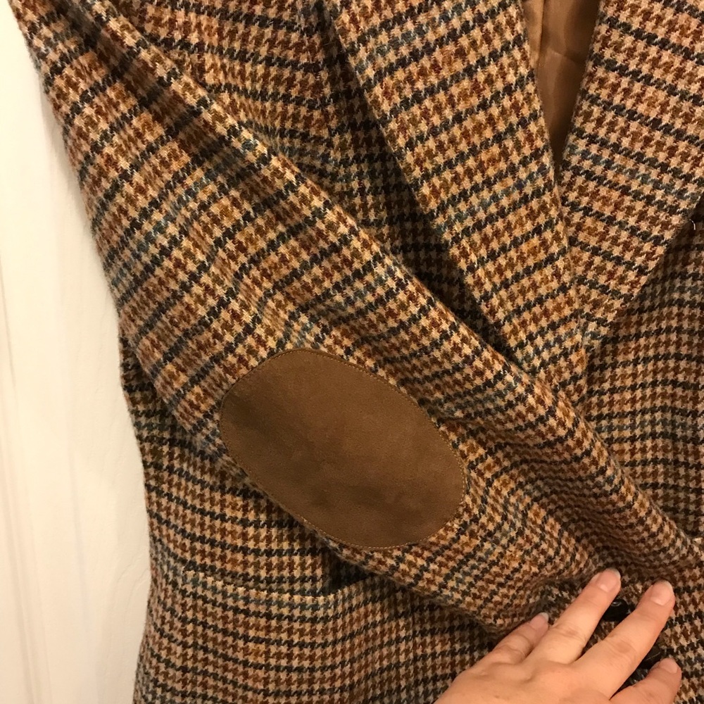 Houndstooth check wool blazer with suede collar